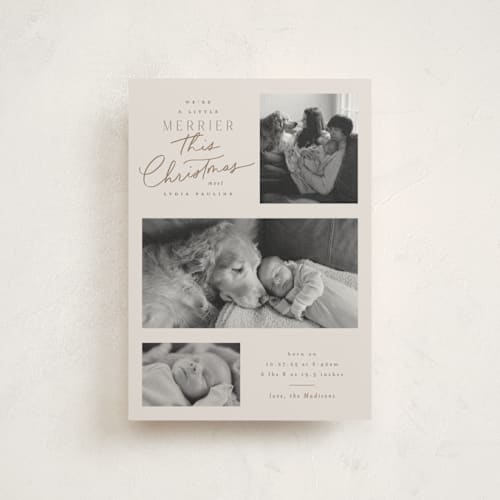 This is a toffee babys first christmas with standard by Everett Paper Goods called merrier this year printing on signature in postcard