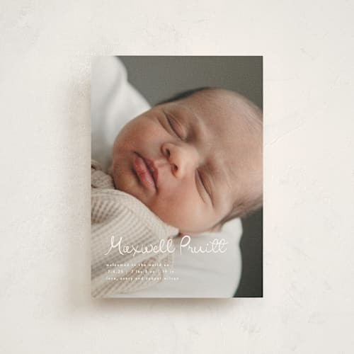 This is a snow petite birth announcements with standard by Lauren Chism called written whimsy printing on signature in petite