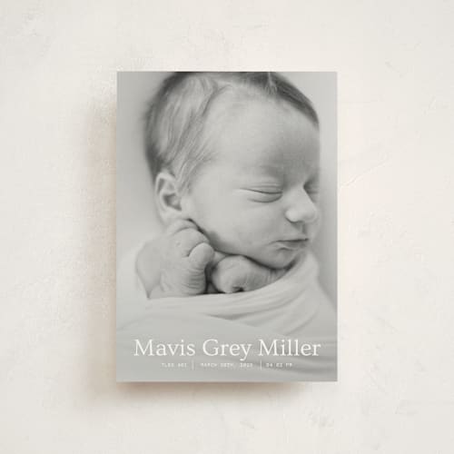 This is a snow petite birth announcements with standard by Bramble Studio called simple in serif printing on signature in petite