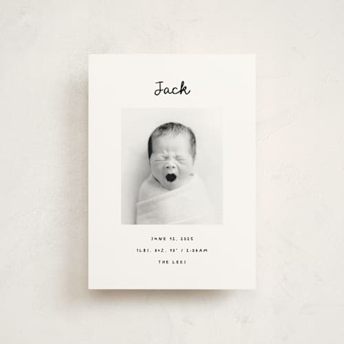 This is a snow petite birth announcements with standard by AK Graphics called cursive printing on signature in petite