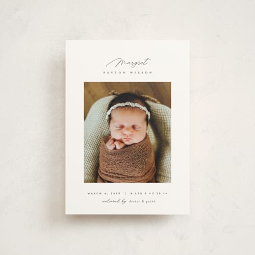 This is a pearl petite birth announcements with standard by Pixel and Hank called simply lovely printing on signature in petite