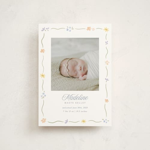 This is a bouquet petite birth announcements with standard by Robert and Stella called petite garden printing on signature in petite