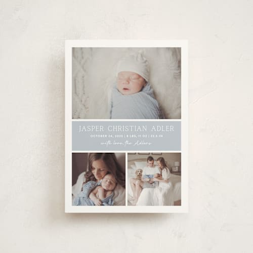 This is a bluebell petite birth announcements with standard by Vanessa Doyle called color block printing on signature in petite