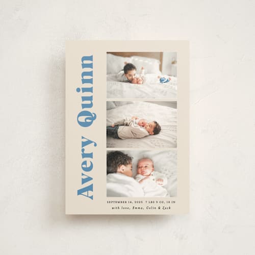 This is a blueberry petite birth announcements with standard by Benita Crandall called moderne bébé printing on signature in petite