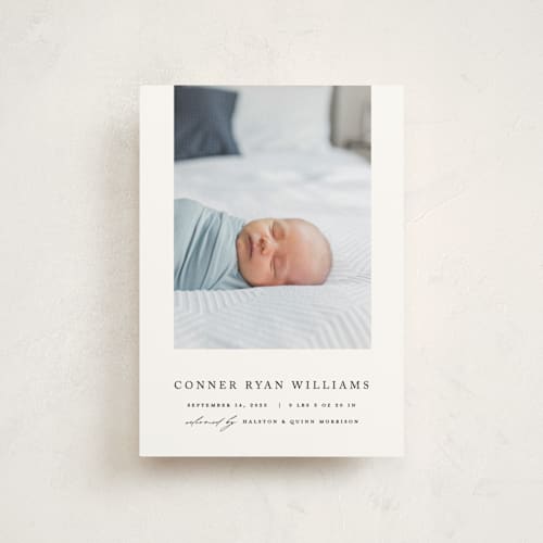 This is a onyx petite birth announcements with standard by Pixel and Hank called dreamer printing on signature in petite