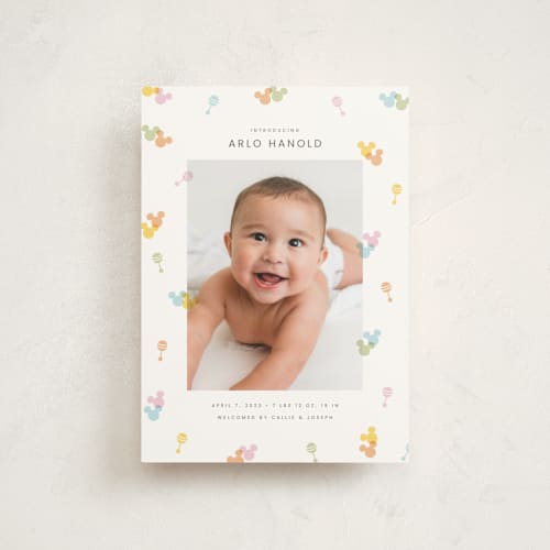 This is a candy petite birth announcements with standard by Ellen Schlegelmilch called disney's mickey confetti printing on signature in petite