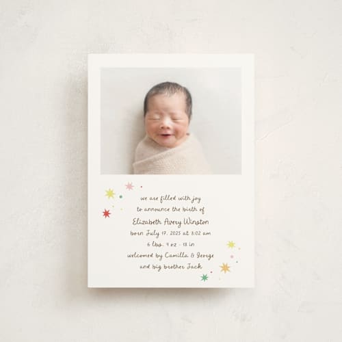 This is a strawberry petite birth announcements with standard by Megan Davis called constellation printing on signature in petite