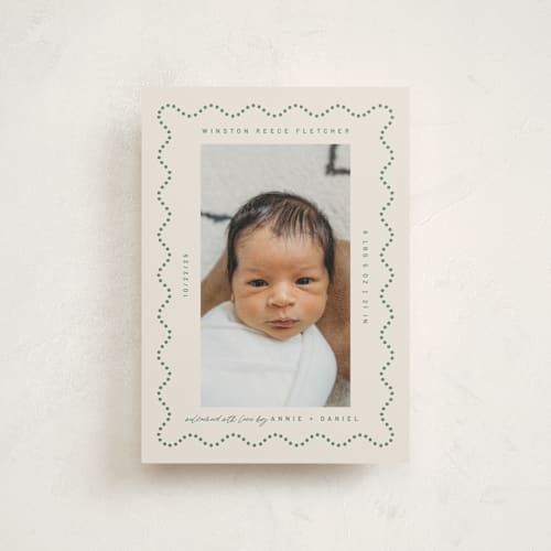 This is a moss petite birth announcements with standard by Kelly Watkins called squiggle printing on signature in petite