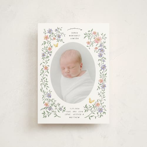This is a garden petite birth announcements with standard by Grae called tiny flowers printing on signature in petite