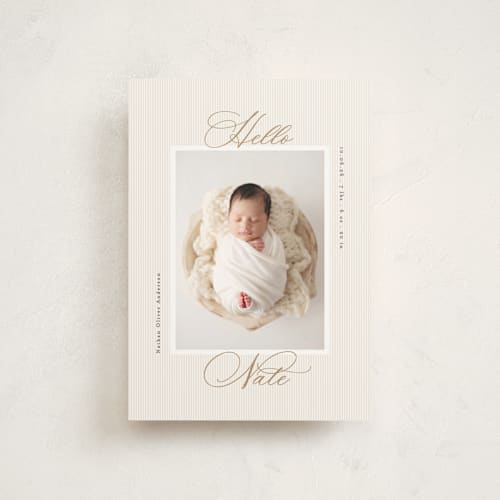This is a sand petite birth announcements with standard by Gwen Bedat called sweet stripes printing on signature in petite