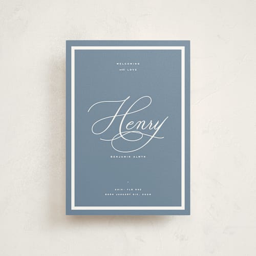 This is a sky petite birth announcements with standard by Blustery August called welcome baby printing on signature in petite