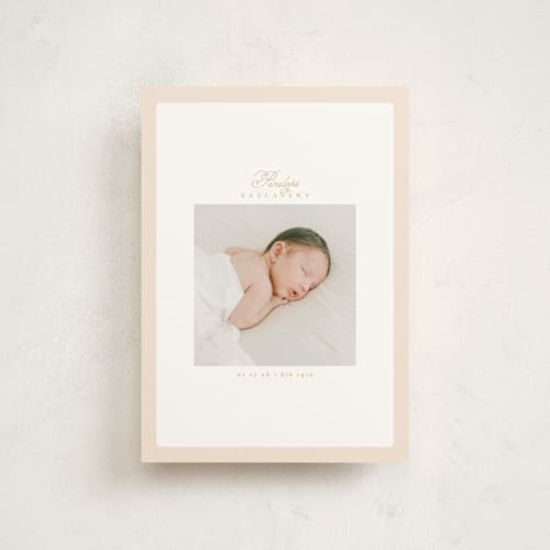 This is a peachy petite birth announcements with standard by Phrosné Barwood called soft frame printing on signature in petite