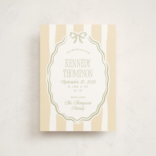 This is a sage petite birth announcements with standard by Robert and Stella called bow frame printing on signature in petite