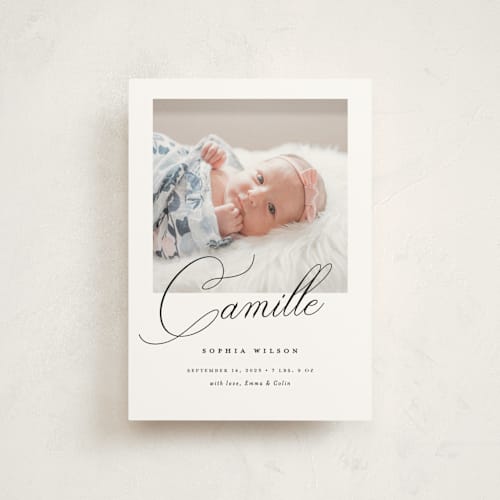 This is a ebony birth announcement postcards with standard by Benita Crandall called the script printing on signature in postcard