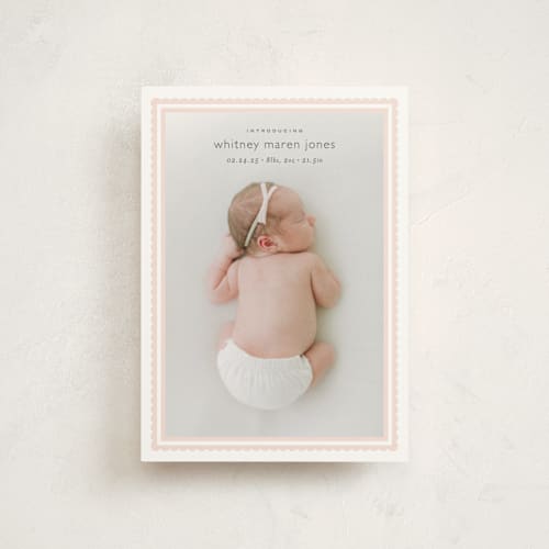 This is a baby blush birth announcement postcards with standard by Carolyn MacLaren called scalloped border printing on signature in postcard