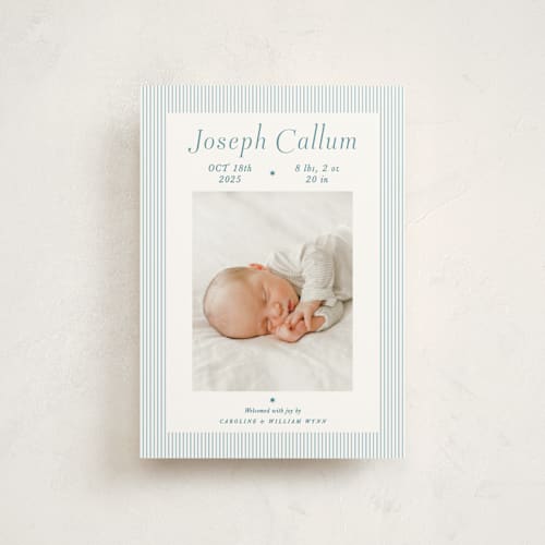 This is a baby blue birth announcement postcards with standard by Alston Foster called sweet stripes printing on signature in postcard