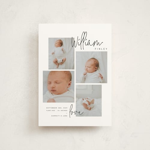 This is a onyx birth announcement postcards with standard by Lindsay Stetson Thompson called overjoyed script printing on signature in postcard