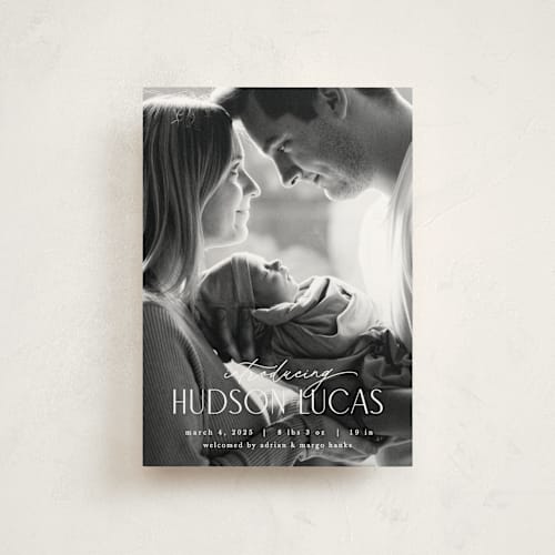 This is a stone birth announcement postcards with standard by Pixel and Hank called little introduction printing on signature in postcard