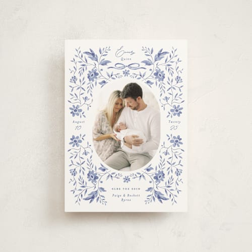 This is a bluebird birth announcement postcards with standard by Susan Zinader called daisy toile printing on signature in postcard