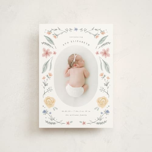 This is a meadow birth announcement postcards with standard by Emily Sabol Goss called le jardin printing on signature in postcard