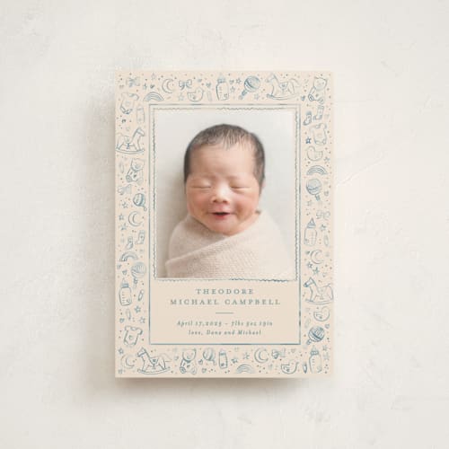 This is a bluebird birth announcement postcards with standard by Creo Study called iconic bebe printing on signature in postcard