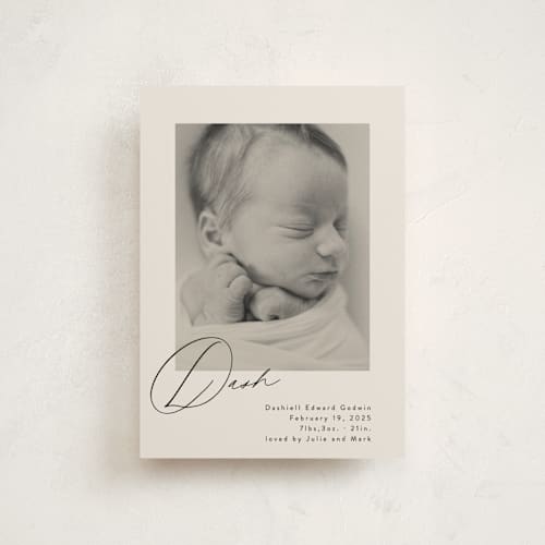 This is a vanilla birth announcement postcards with standard by Olivia Raufman called dashing printing on signature in postcard