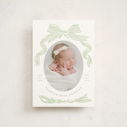This is a mint birth announcement postcards with standard by Stephanie Hawkes called ribbon bow frame printing on signature in postcard