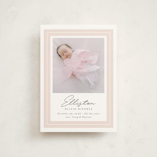 This is a blush birth announcement postcards with standard by Jessica Williams called serene printing on signature in postcard
