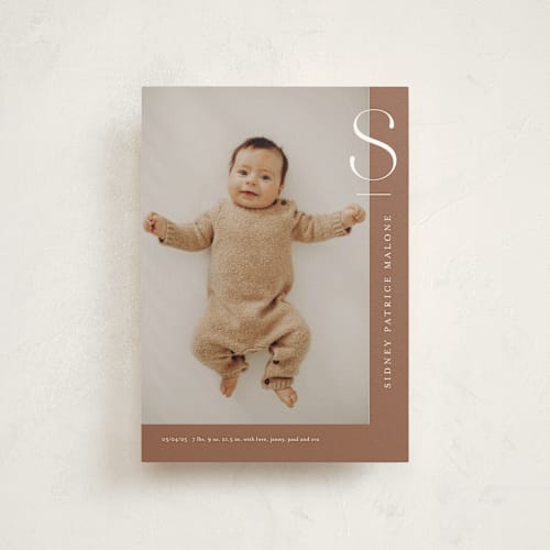 This is a rust birth announcement postcards with standard by Stacey Meacham called fresh air printing on signature in postcard