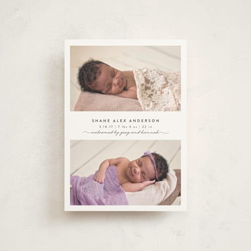 This is a slate birth announcement postcards with standard by Brianne Larsen called simple & sweet printing on signature in postcard