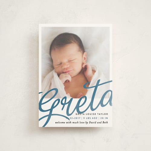 This is a ocean birth announcement postcards with standard by Alethea and Ruth called sweeping name printing on signature in postcard