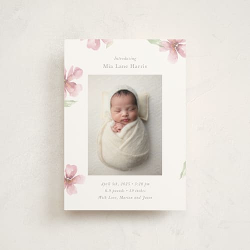 This is a petals birth announcement postcards with standard by Melinda Denison called flower petals printing on signature in postcard