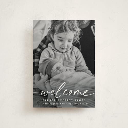 This is a cloud birth announcement postcards with standard by Susan Asbill called little welcome printing on signature in postcard