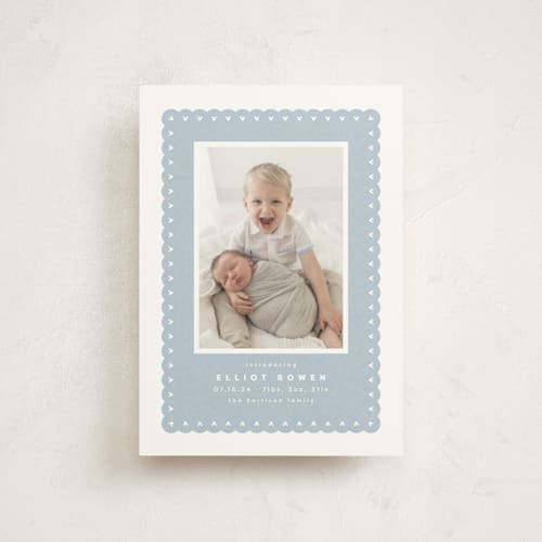 This is a chambray birth announcement postcards with standard by Lea Delaveris called mickey fabric frame printing on signature in postcard