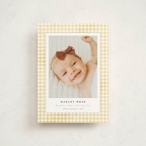This is a marigold birth announcement postcards with standard by Jessie Steury called gingham printing on signature in postcard