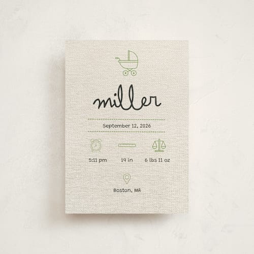 This is a mint birth announcement postcards with standard by Ashley Langlais called stitched together printing on signature in postcard