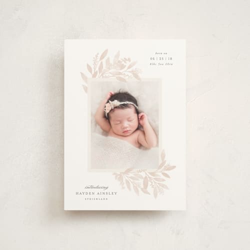 This is a blush birth announcement postcards with standard by Hooray Creative called botanical corners printing on signature in postcard