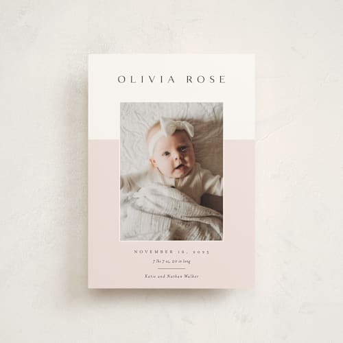 This is a peony birth announcement postcards with standard by Kasia Labocki called cherished printing on signature in postcard
