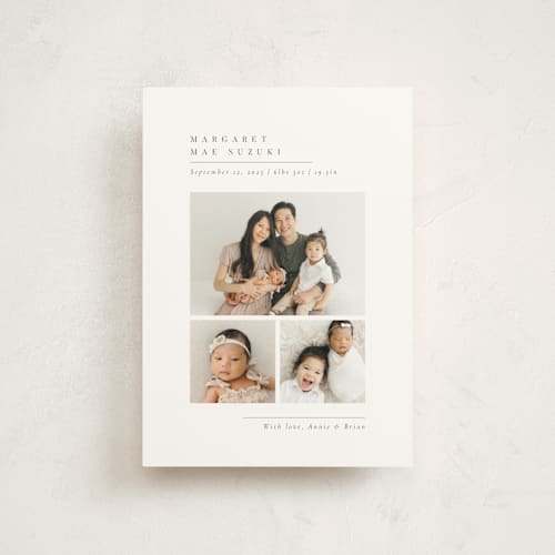 This is a onyx birth announcement postcards with standard by Meggy Masters called minimal triad printing on signature in postcard