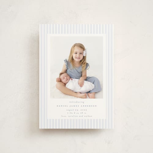 This is a sky birth announcement postcards with standard by Jennifer Holbrook called pinstripe frame printing on signature in postcard