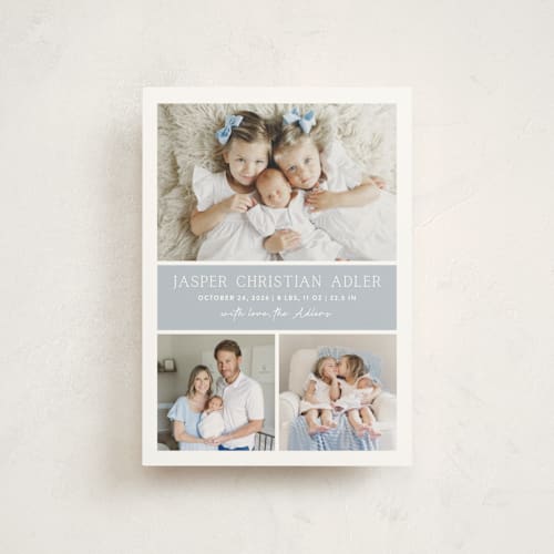 This is a bluebell birth announcement postcards with standard by Vanessa Doyle called color block printing on signature in postcard