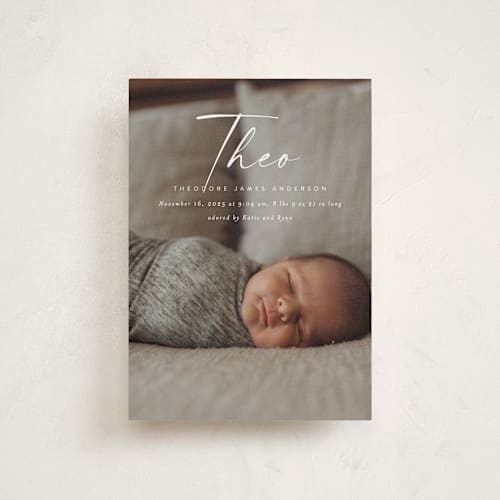 This is a linen birth announcement postcards with standard by Kasia Labocki called complete printing on signature in postcard