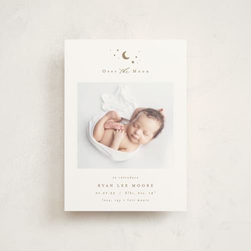 This is a fawn birth announcement postcards with standard by AK Graphics called over the moon printing on signature in postcard