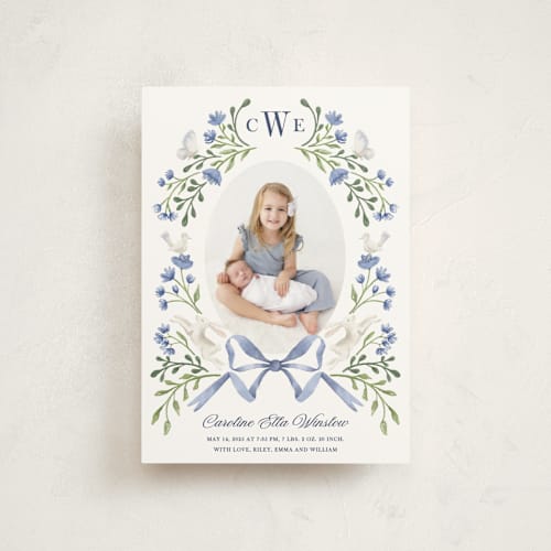 This is a bluebell birth announcement postcards with standard by Alice Nelen called floral forest friends printing on signature in postcard