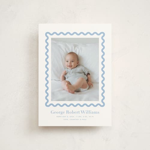This is a bluebell birth announcement postcards with standard by Megan Davis called ric rac printing on signature in postcard