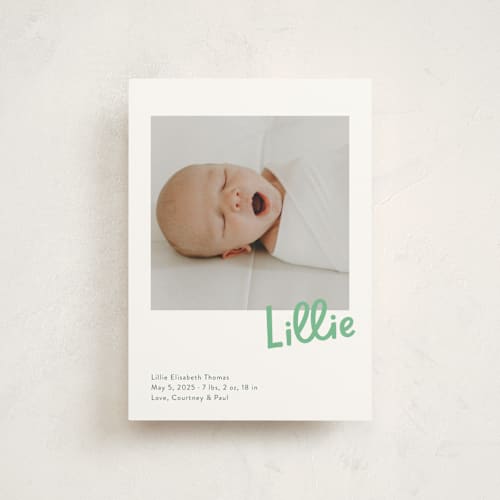 This is a clover birth announcement postcards with standard by Megan Davis called jolly good printing on signature in postcard