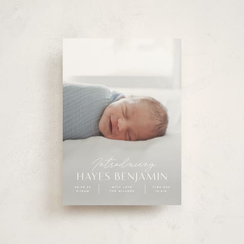This is a snow birth announcement postcards with standard by Michelle Taylor called typographic mix printing on signature in postcard