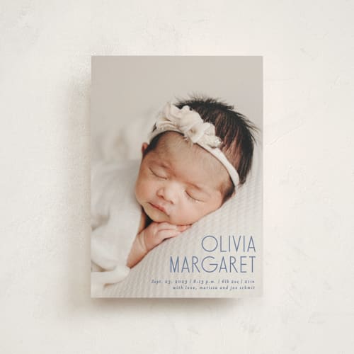 This is a denim birth announcement postcards with standard by Lisa Assenmacher called sweetly modern printing on signature in postcard