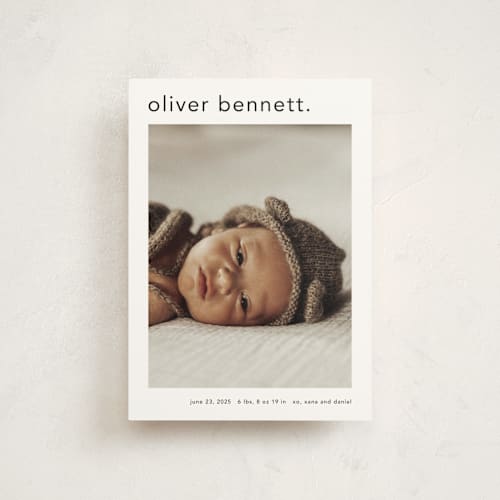 This is a cotton birth announcement postcards with standard by Stacey Meacham called simple name printing on signature in postcard