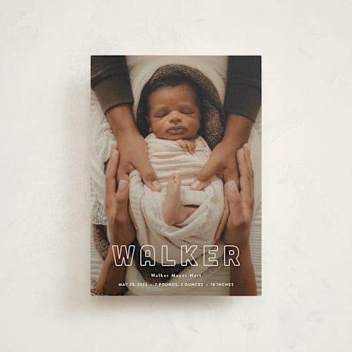 This is a powder birth announcement postcards with standard by Sara Hicks Malone called snug printing on signature in postcard